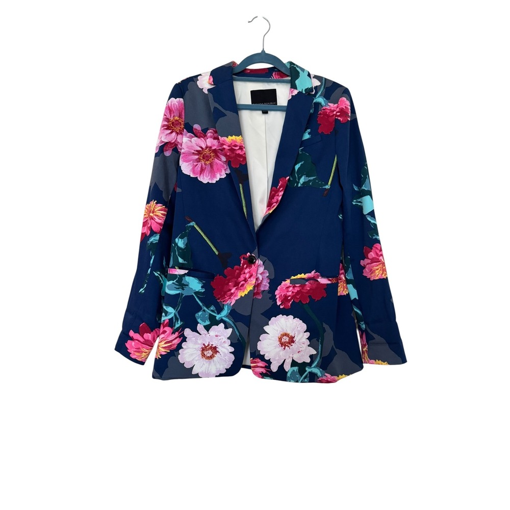 Banana Republic Navy Pink Floral Single Button Blazer Jacket Sz 4 Cotton Stretch